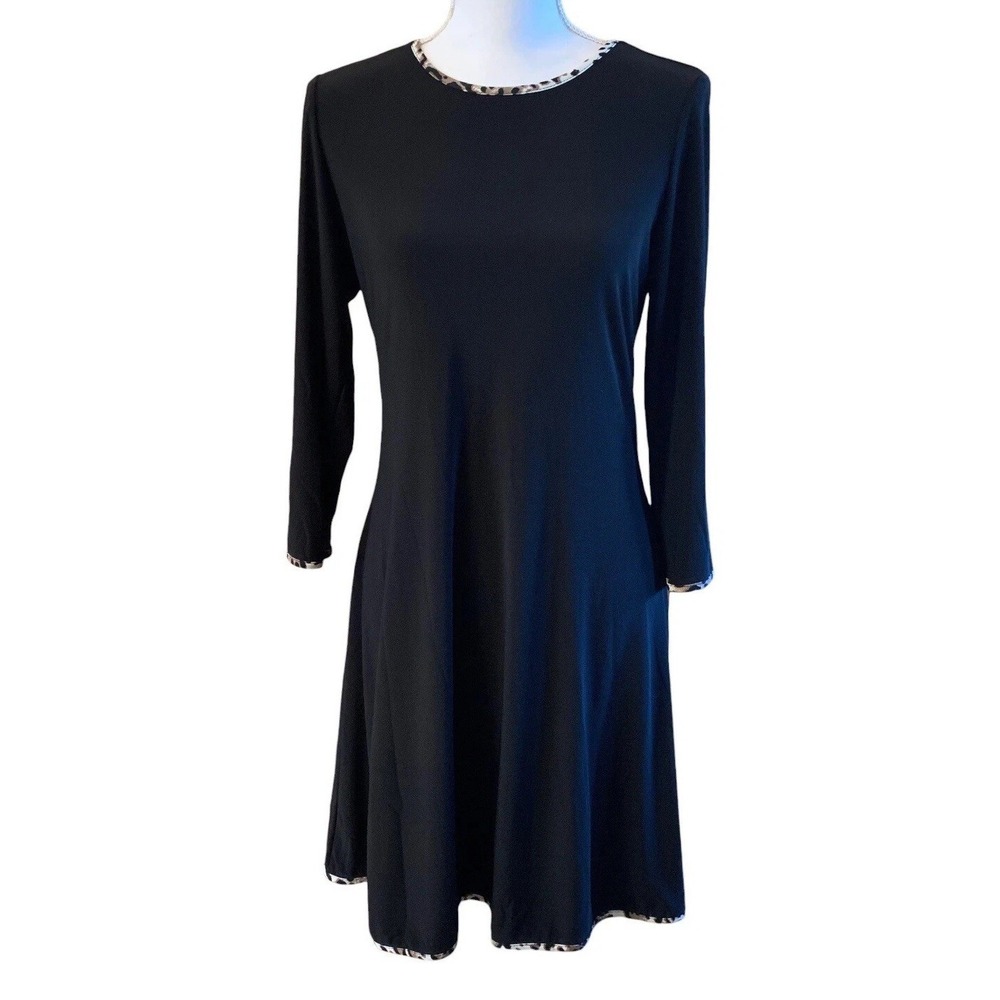 Nik & Nash Dress Womens M Black Long‎ Sleeve A-Line Short Leopard Trim USA NWT
